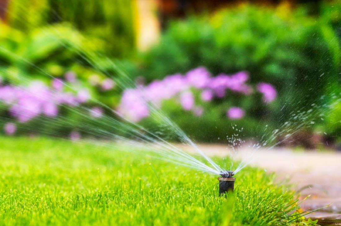 Sprinkler system watering a healthy green lawn