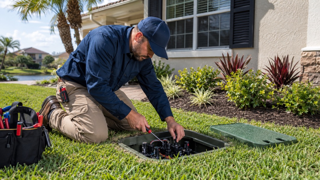 Aqua Premier technician installing an irrigation valve manifold