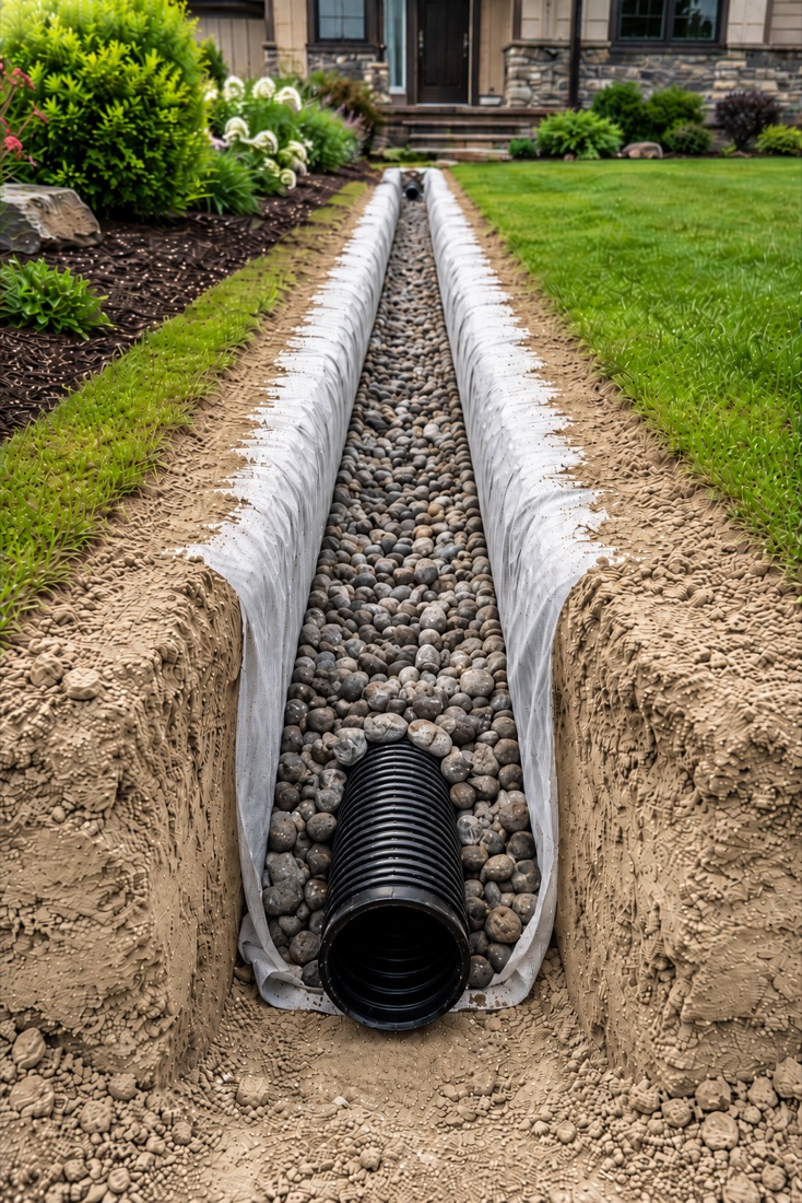 French drain with perforated pipe, gravel and filter fabric