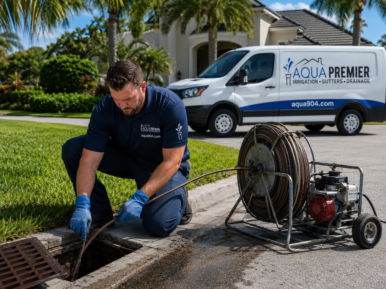 Aqua Premier technician hydro-jetting and clearing a clogged storm drain at the curb, with the drain-cleaning machine and aqua904.com van on site — drain cleaning & jetting in St. Augustine, Jacksonville, St. Johns & Duval County