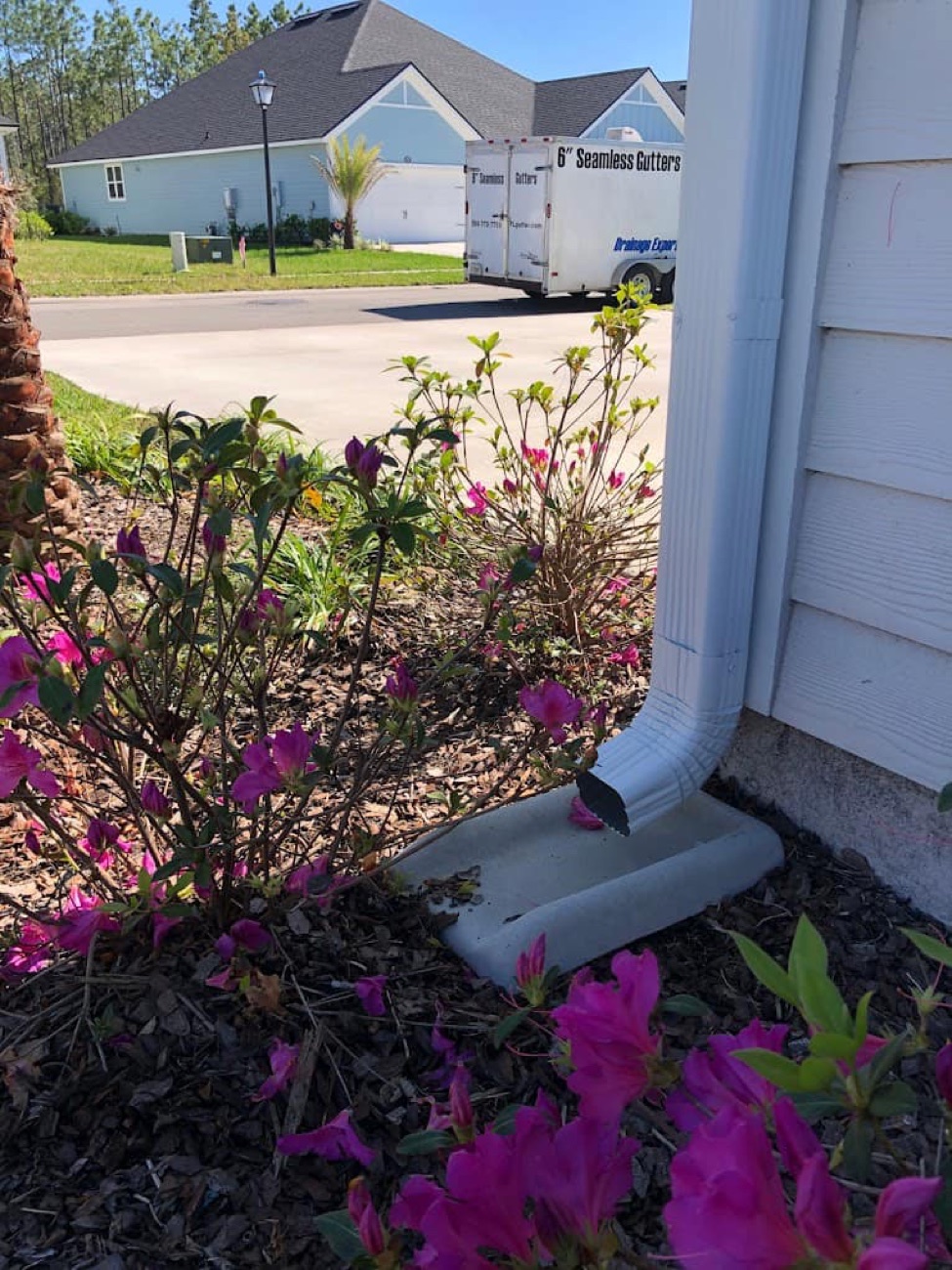 Aqua Premier 6-inch seamless gutter downspout draining onto a concrete splash block beside pink azaleas, carrying rainwater away from the home's foundation — seamless rain gutter installation across Ponte Vedra Beach, Nocatee, St. Johns, Duval & Clay County (Orange Park, Fleming Island), with the Aqua Premier Seamless Gutters & Drainage Experts trailer on site (904) 779-3985)